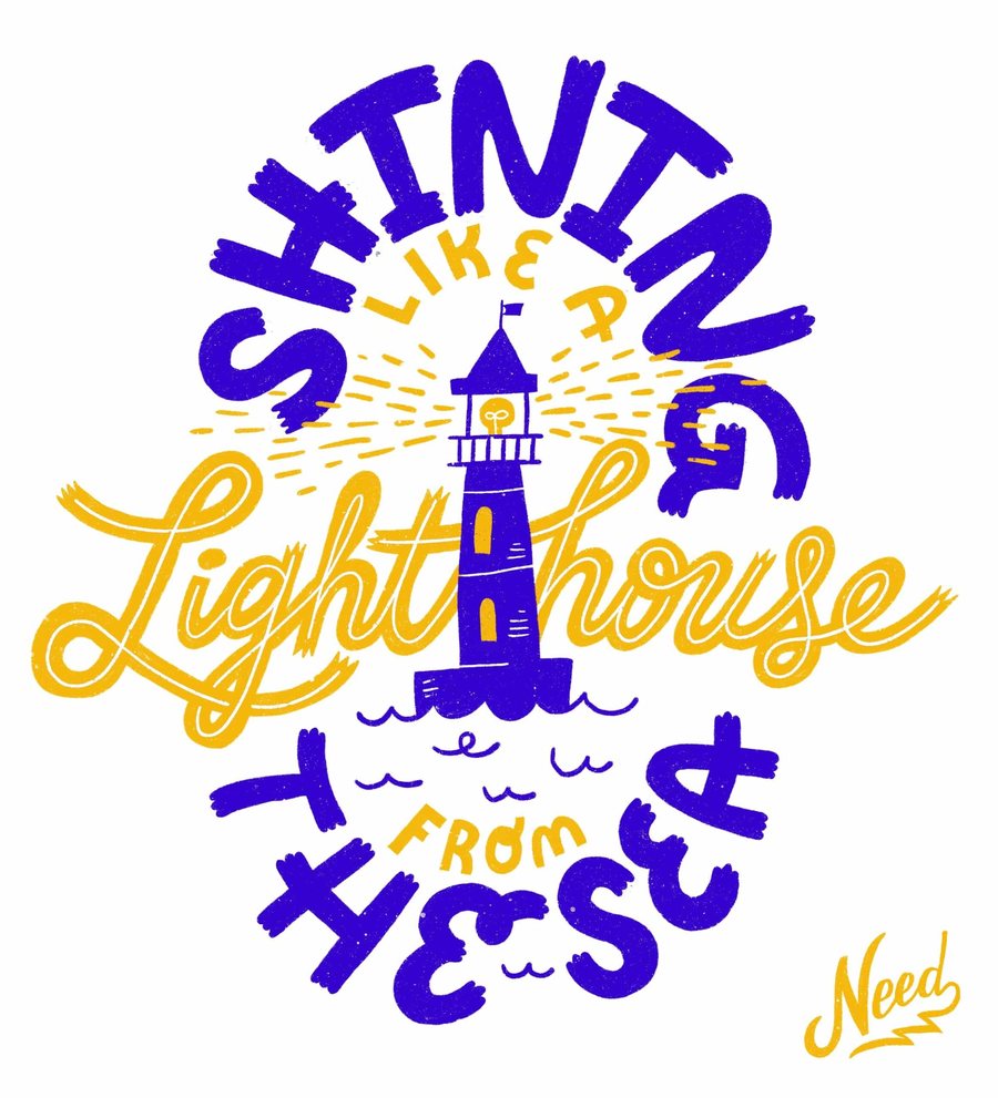 Hand lettering of a lighthouse in violet and gold