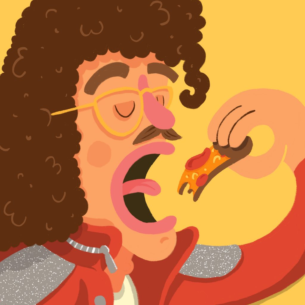 Cartoon of Weird Al Yankovic eating a slice of pizza