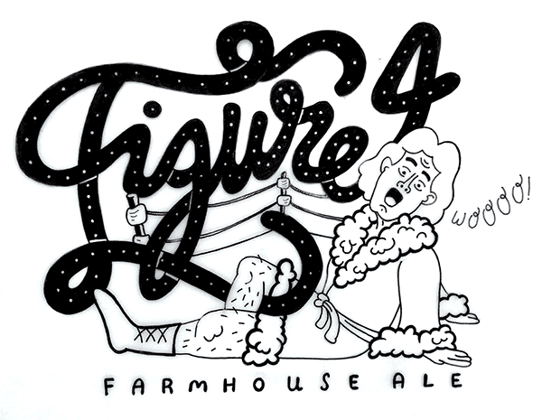 Pen and ink illustration of Figure 4 Farmhouse Ale beer label artwork