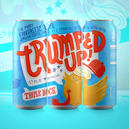 Mockup of a craft beer label for Trumped Up Triple Bocl